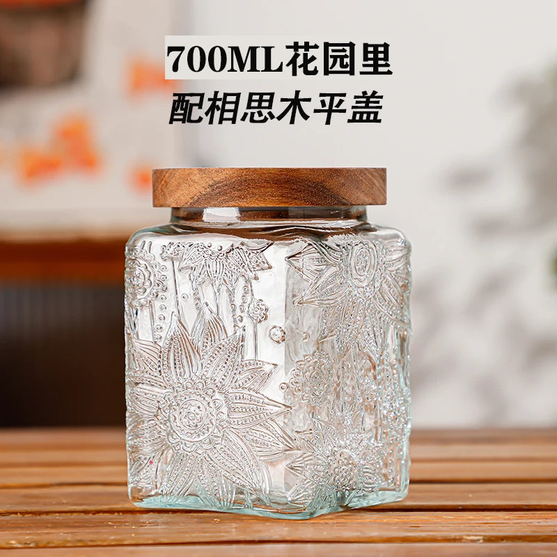 Retro Embossed Begonia Pattern Glass Jar — Bamboo Lid Storage Bottle
