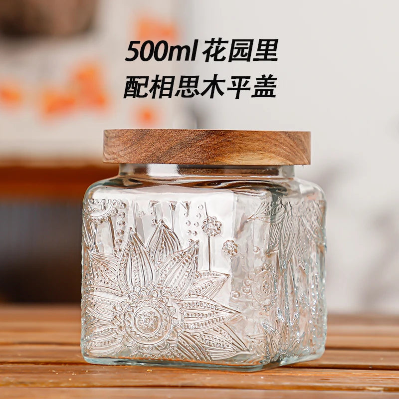 Retro Embossed Begonia Pattern Glass Jar — Bamboo Lid Storage Bottle