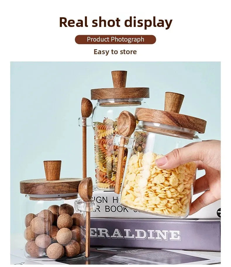 Glass Sealed Storage Jar — Wooden Lid & Spoon