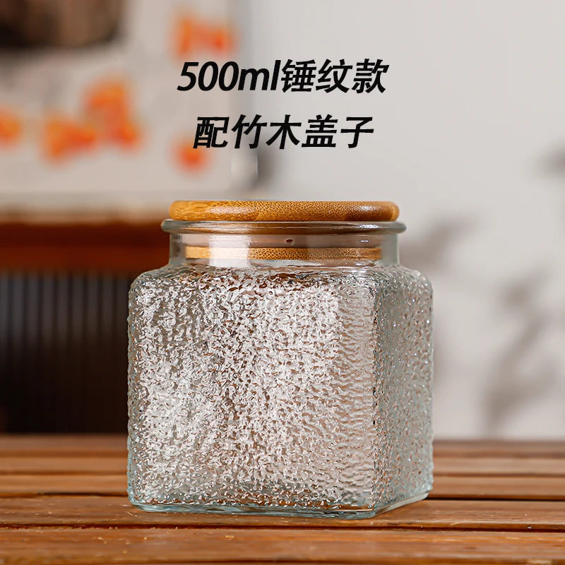 Retro Embossed Begonia Pattern Glass Jar — Bamboo Lid Storage Bottle