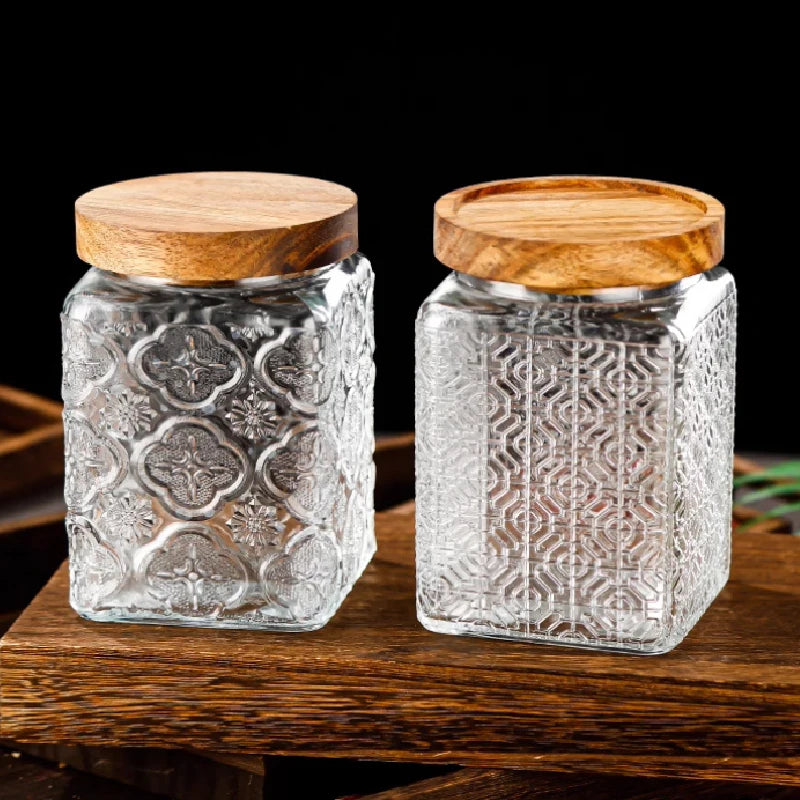 Retro Embossed Begonia Pattern Glass Jar — Bamboo Lid Storage Bottle