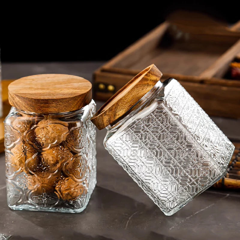 Retro Embossed Begonia Pattern Glass Jar — Bamboo Lid Storage Bottle