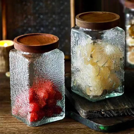 Retro Embossed Begonia Pattern Glass Jar — Bamboo Lid Storage Bottle