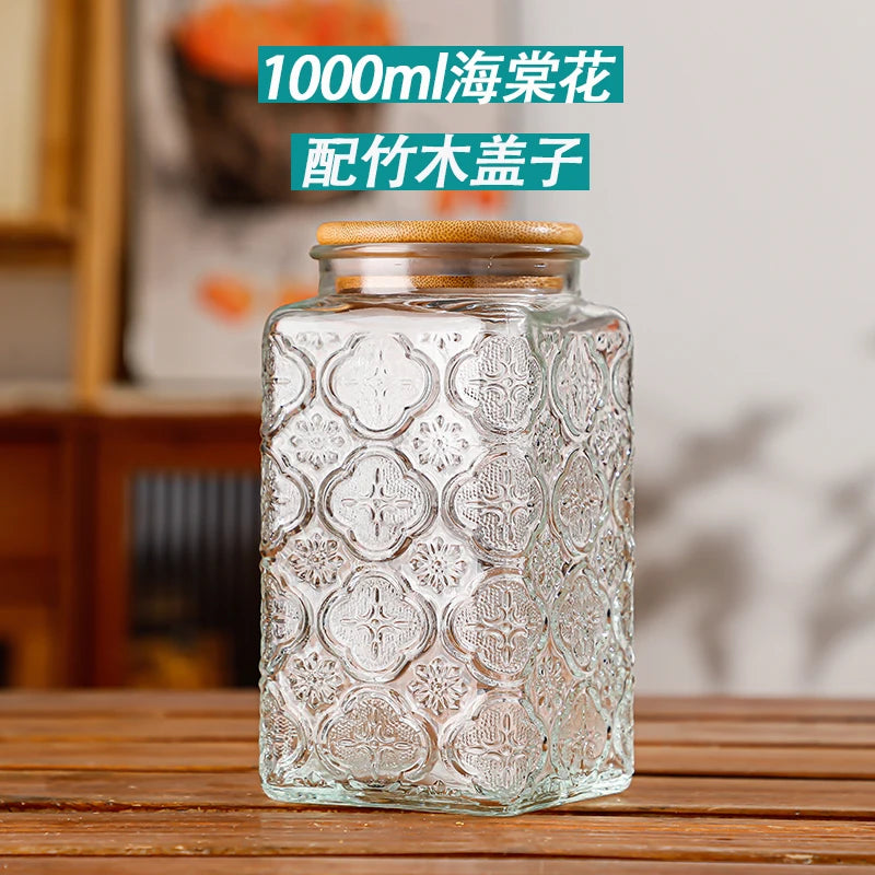 Retro Embossed Begonia Pattern Glass Jar — Bamboo Lid Storage Bottle