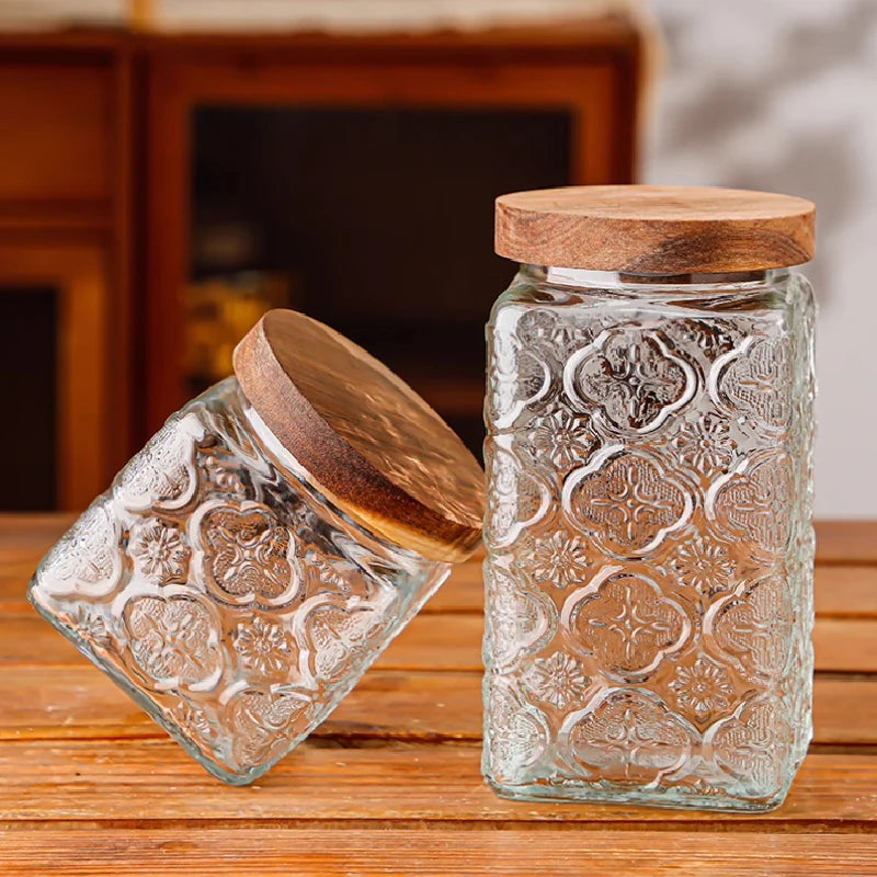 Retro Embossed Begonia Pattern Glass Jar — Bamboo Lid Storage Bottle