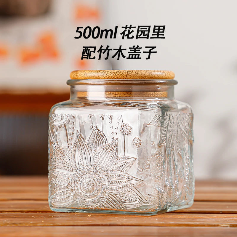 Retro Embossed Begonia Pattern Glass Jar — Bamboo Lid Storage Bottle