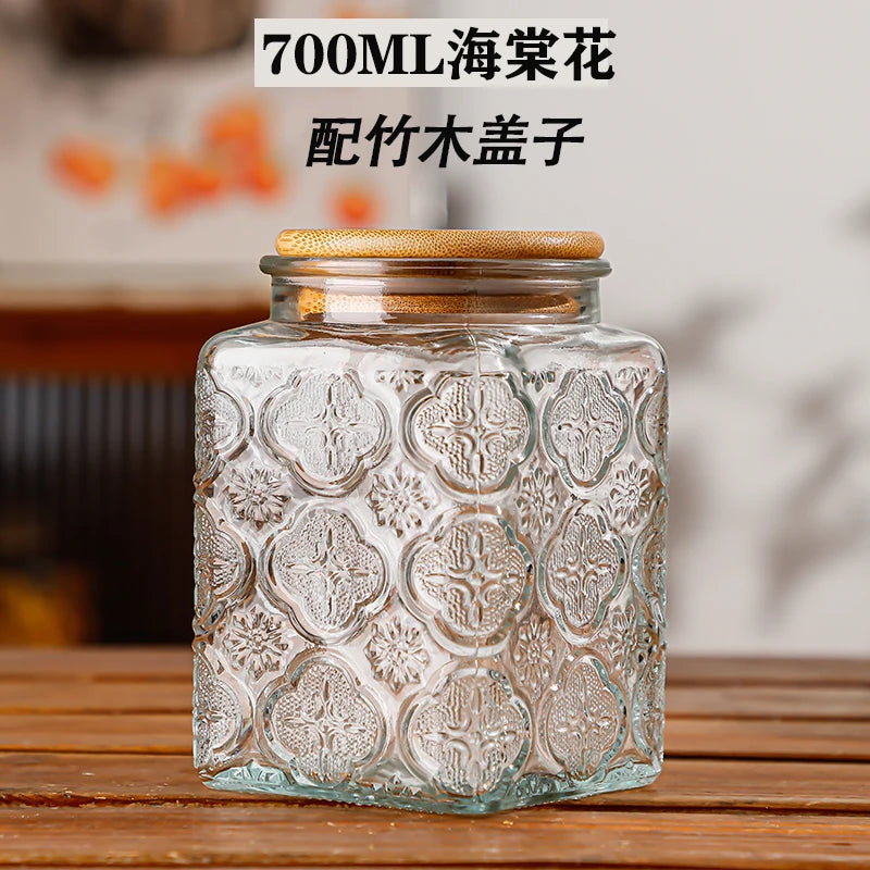 Retro Embossed Begonia Pattern Glass Jar — Bamboo Lid Storage Bottle