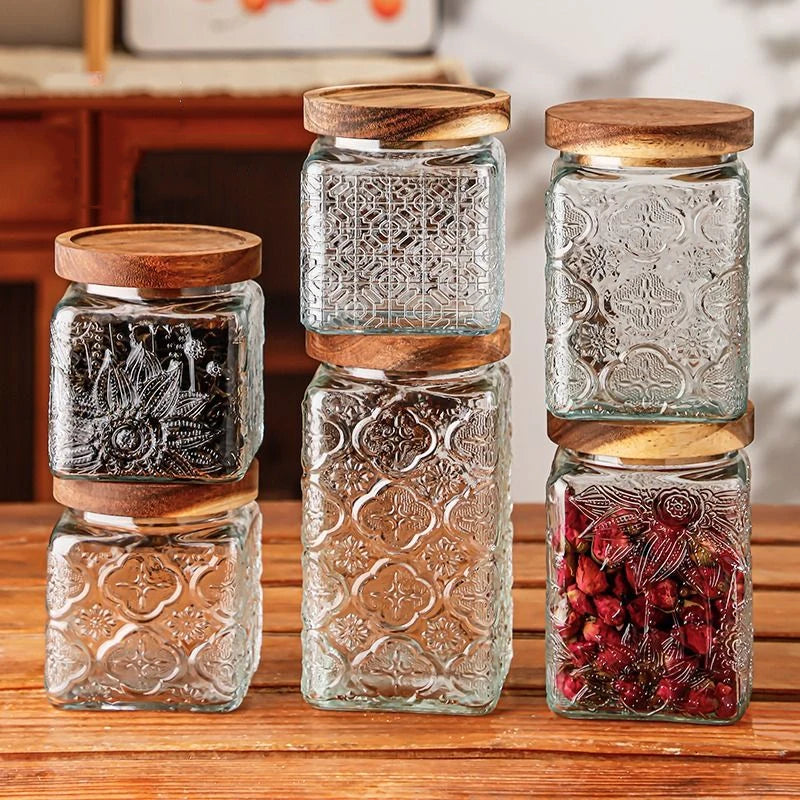 Retro Embossed Begonia Pattern Glass Jar — Bamboo Lid Storage Bottle
