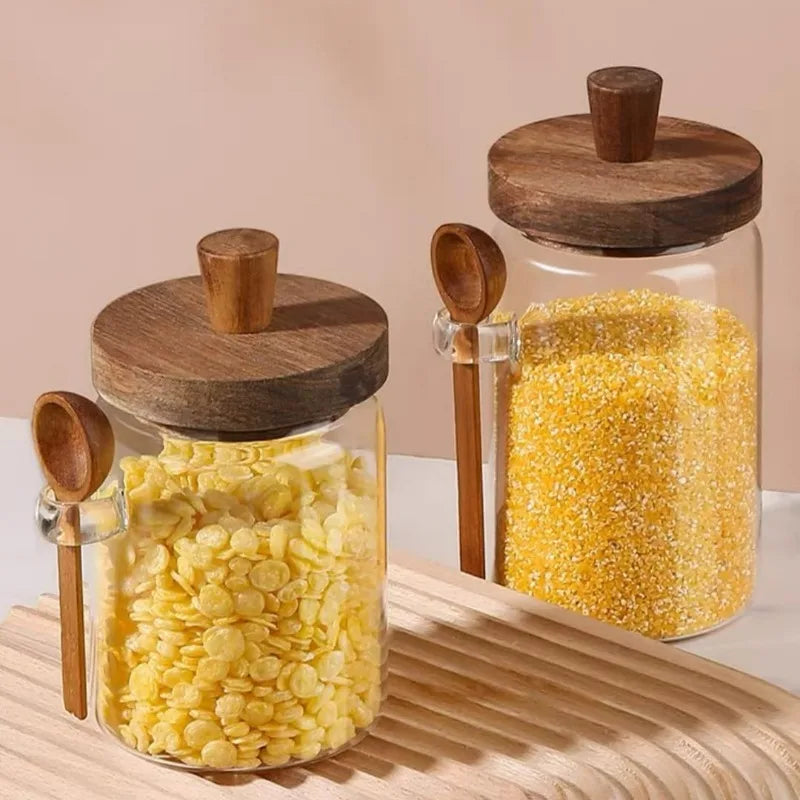 Glass Sealed Storage Jar — Wooden Lid & Spoon