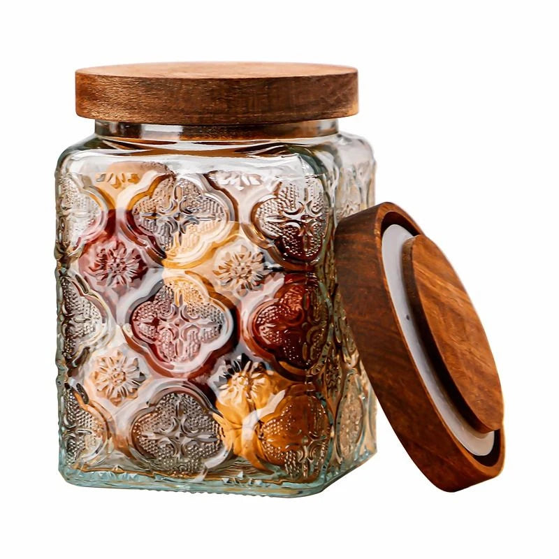Retro Embossed Begonia Pattern Glass Jar — Bamboo Lid Storage Bottle