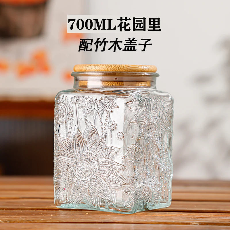 Retro Embossed Begonia Pattern Glass Jar — Bamboo Lid Storage Bottle