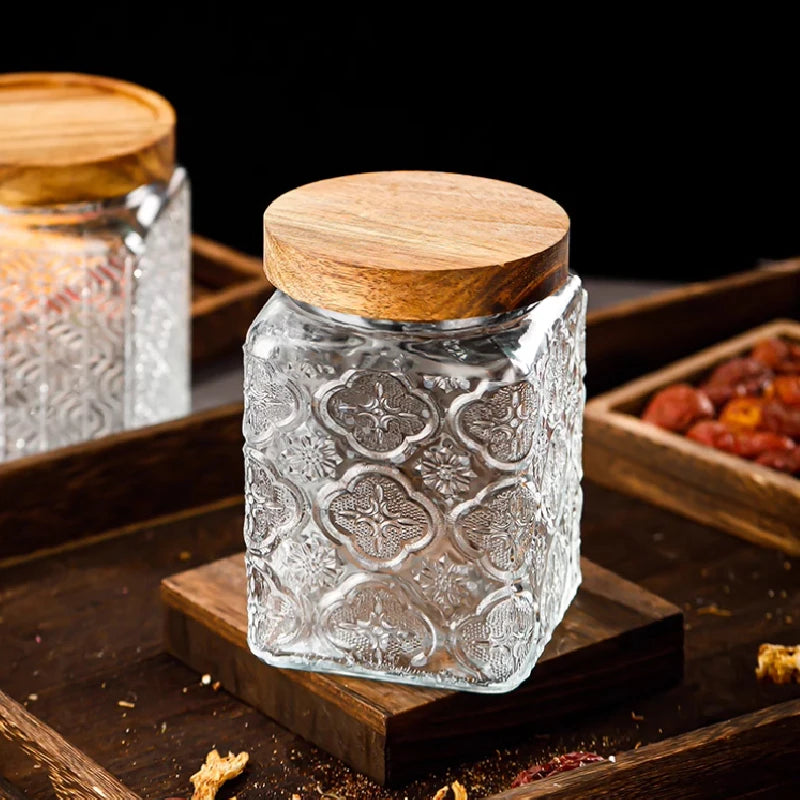 Retro Embossed Begonia Pattern Glass Jar — Bamboo Lid Storage Bottle