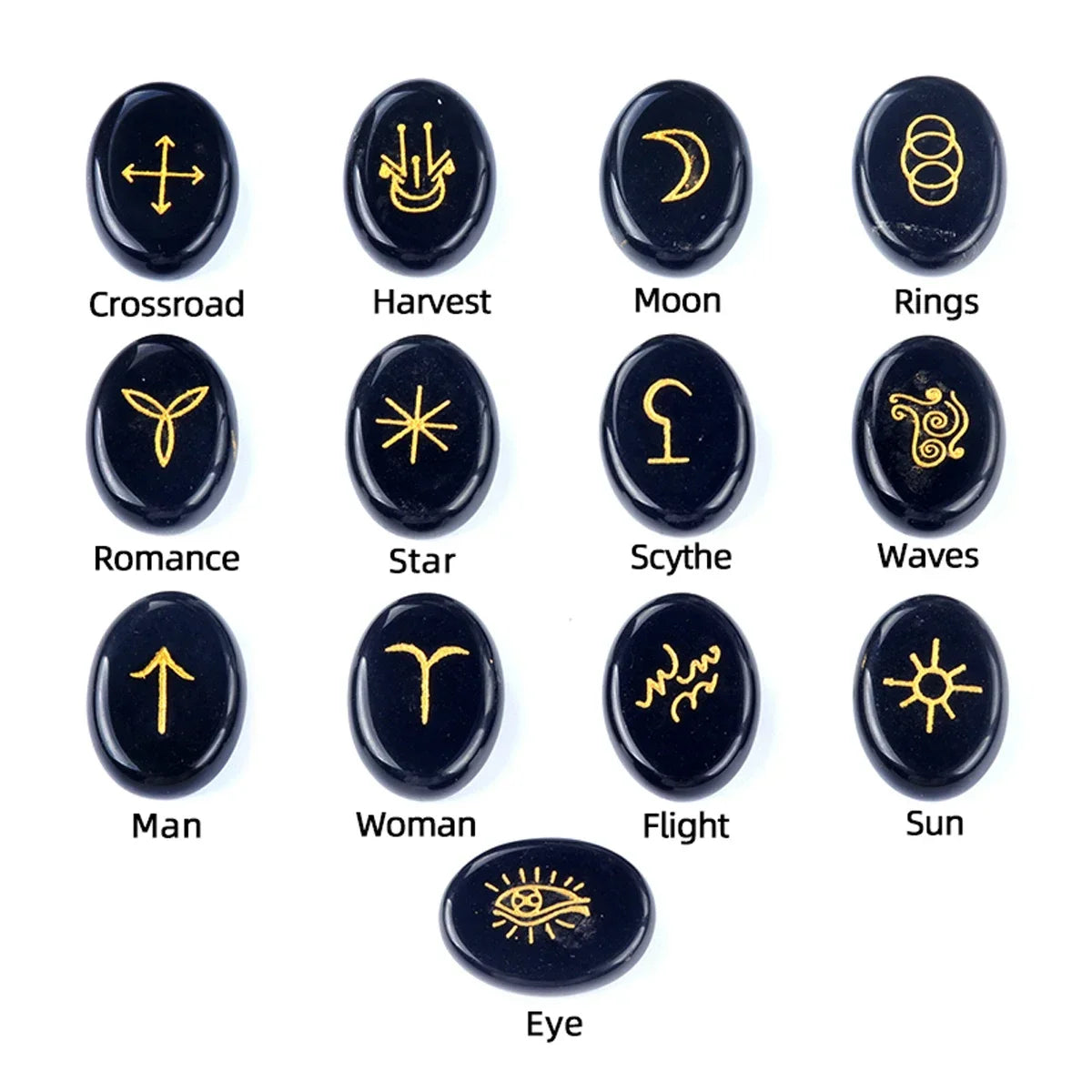 13pcs Witch Runes Natural Crystal Set — Onyx & Semi-Precious Carved Runes