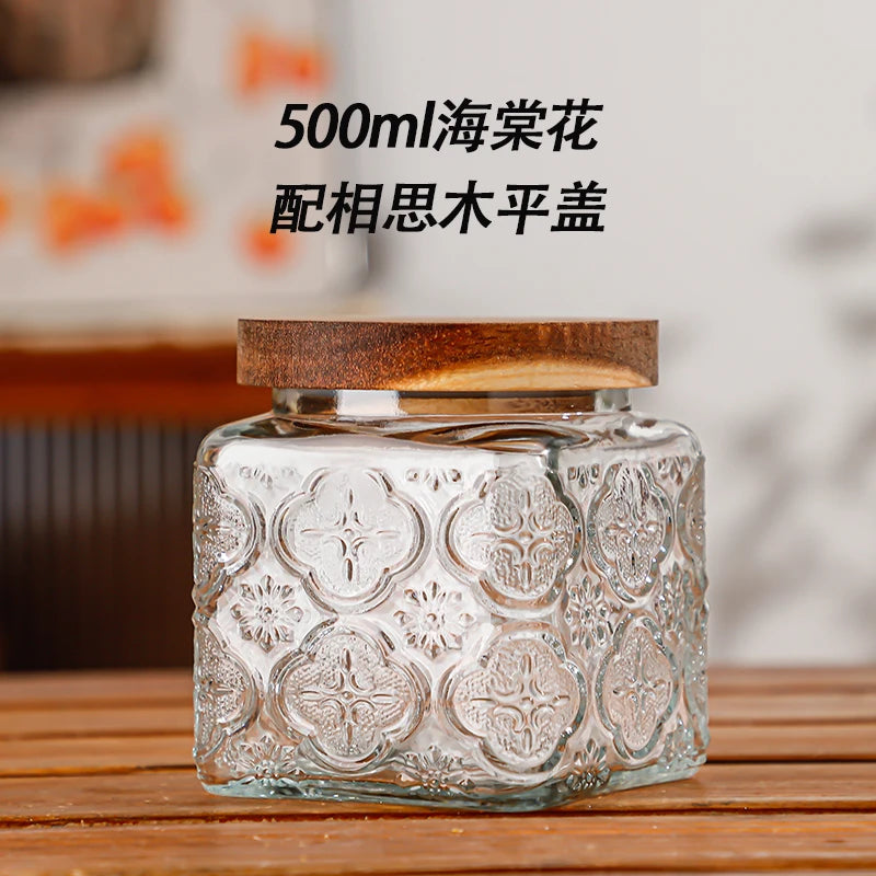 Retro Embossed Begonia Pattern Glass Jar — Bamboo Lid Storage Bottle