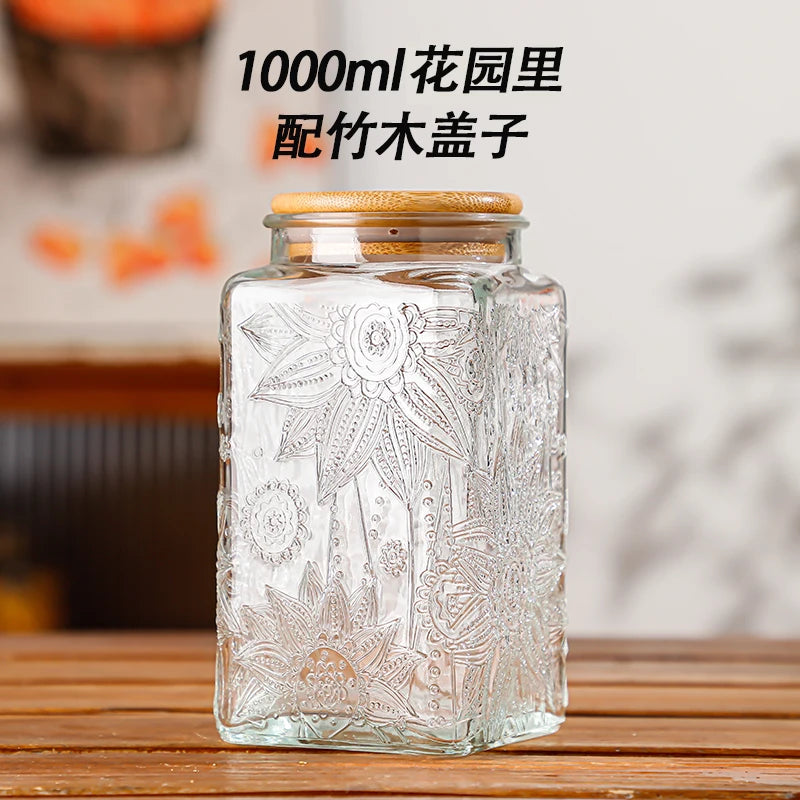 Retro Embossed Begonia Pattern Glass Jar — Bamboo Lid Storage Bottle