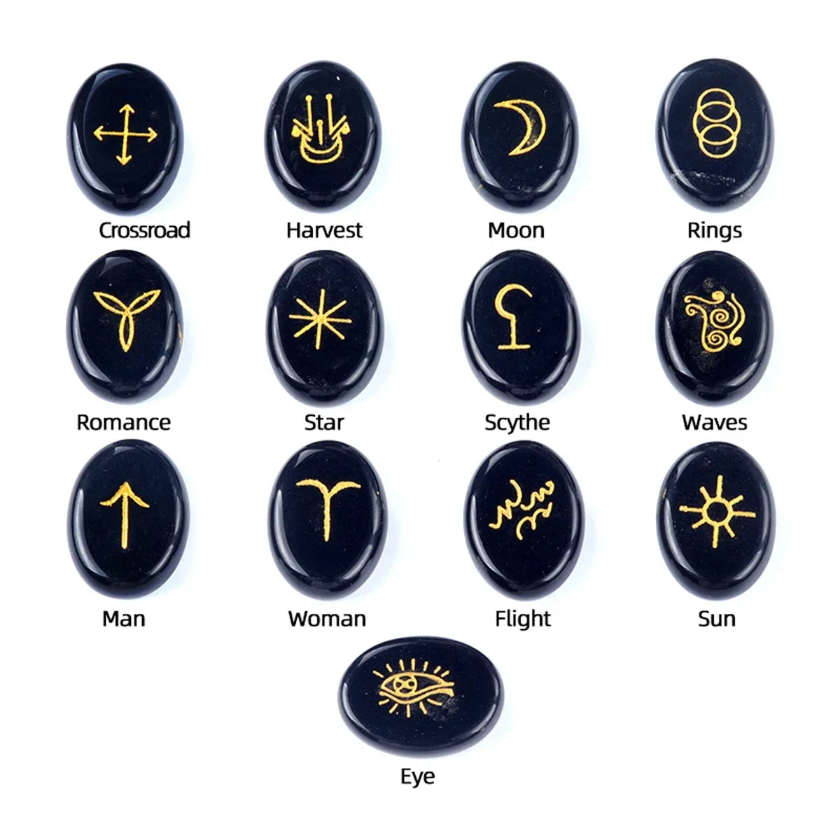 13pcs Witch Runes Natural Crystal Set — Onyx & Semi-Precious Carved Runes