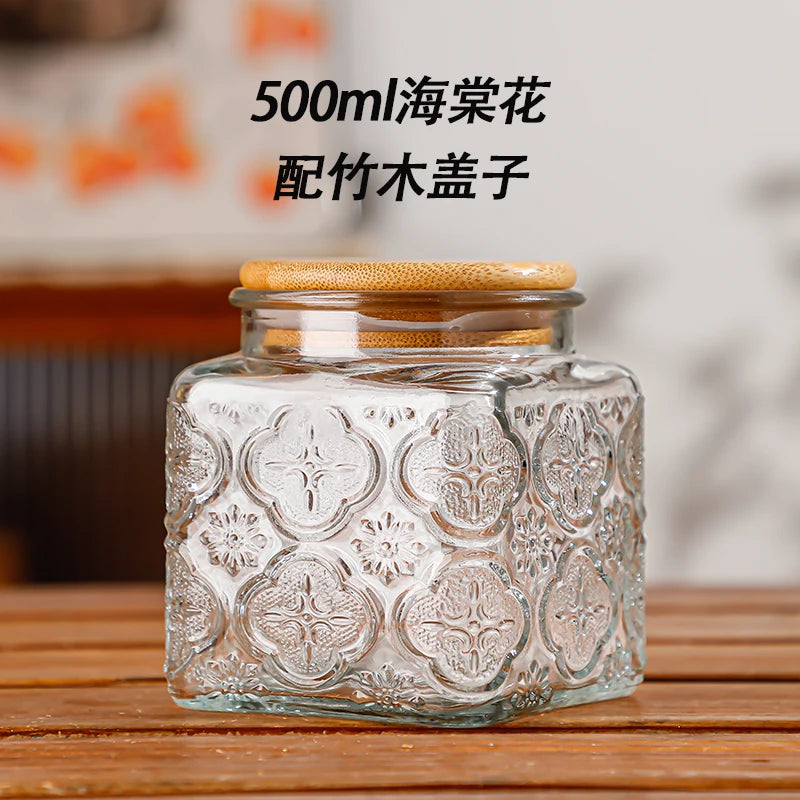 Retro Embossed Begonia Pattern Glass Jar — Bamboo Lid Storage Bottle