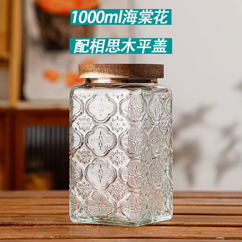 Retro Embossed Begonia Pattern Glass Jar — Bamboo Lid Storage Bottle