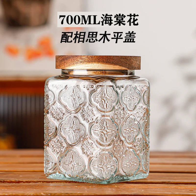 Retro Embossed Begonia Pattern Glass Jar — Bamboo Lid Storage Bottle