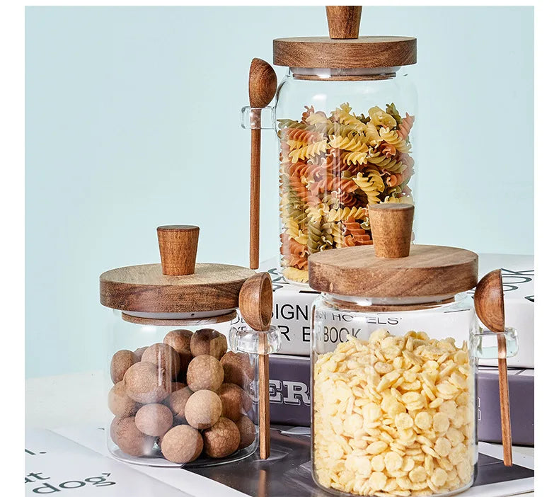 Glass Sealed Storage Jar — Wooden Lid & Spoon