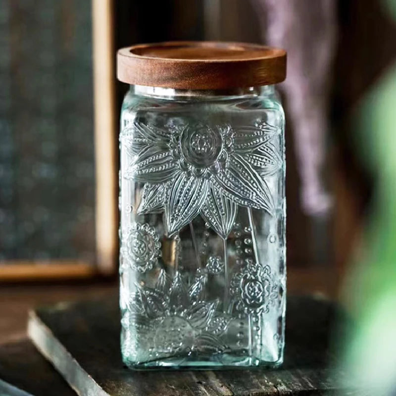 Retro Embossed Begonia Pattern Glass Jar — Bamboo Lid Storage Bottle