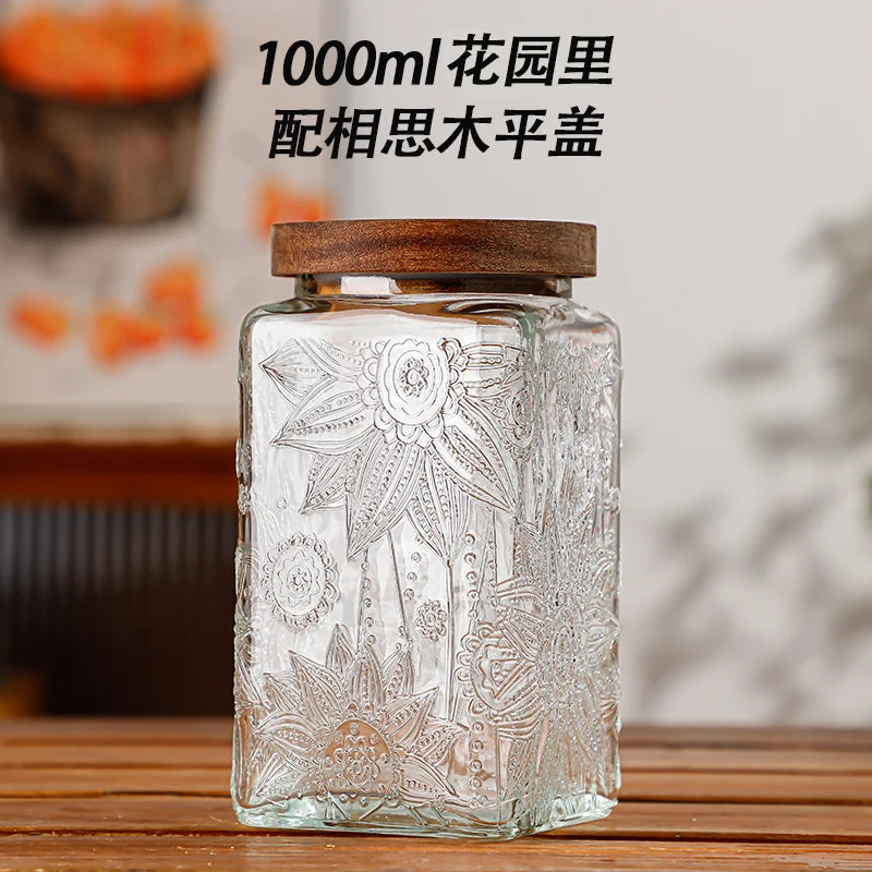 Retro Embossed Begonia Pattern Glass Jar — Bamboo Lid Storage Bottle