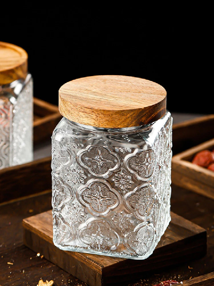 Retro Embossed Begonia Pattern Glass Jar — Bamboo Lid Storage Bottle