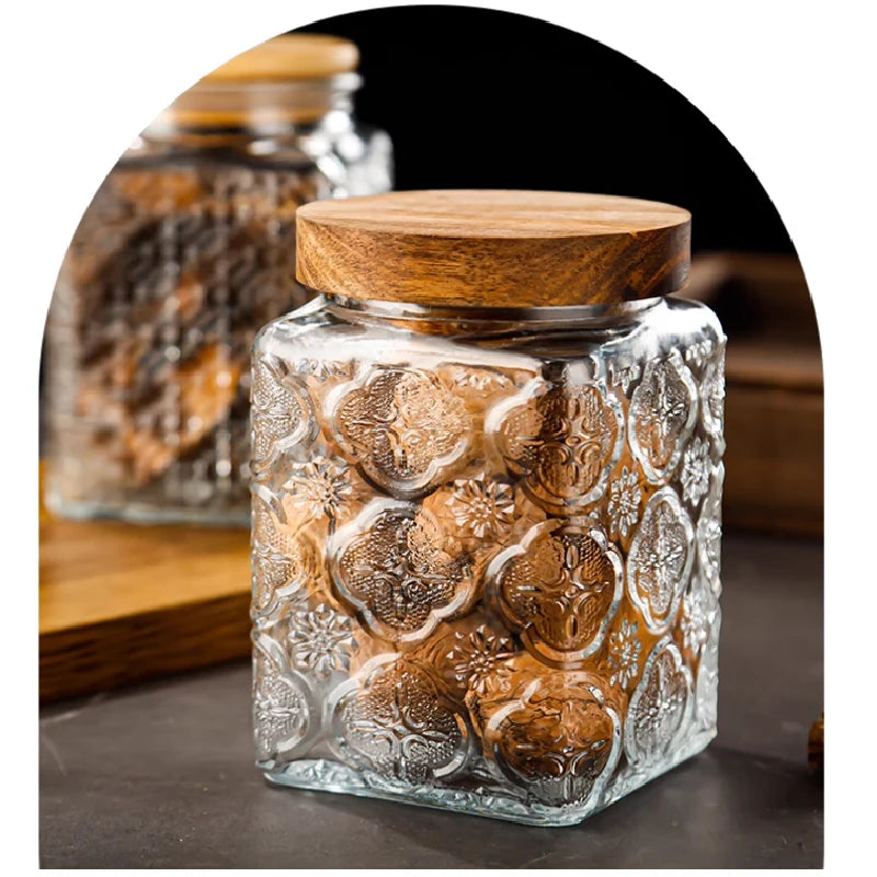 Retro Embossed Begonia Pattern Glass Jar — Bamboo Lid Storage Bottle