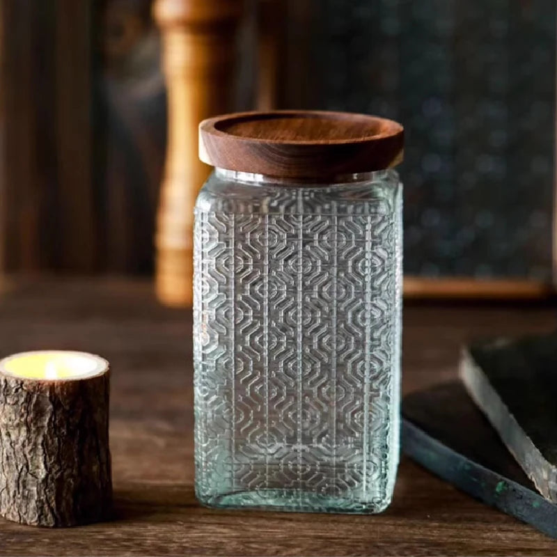 Retro Embossed Begonia Pattern Glass Jar — Bamboo Lid Storage Bottle